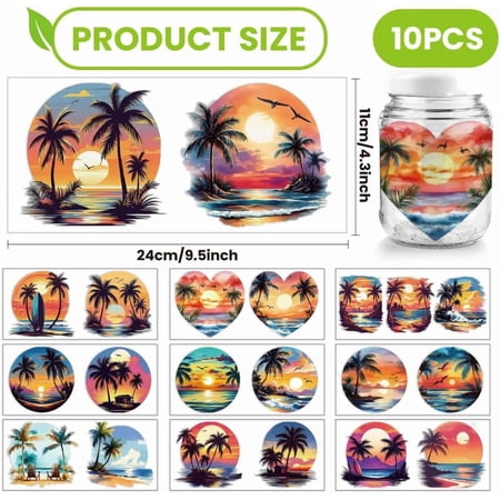 10 Pcs Colorful Hawaii Theme Cup Printing UV Transfer Papers 10 Styles Coconut Trees Ocean UV DTF Cup Wrap Stickers for 16 OZ Glass Cups Crafts 9.5x4.3inch