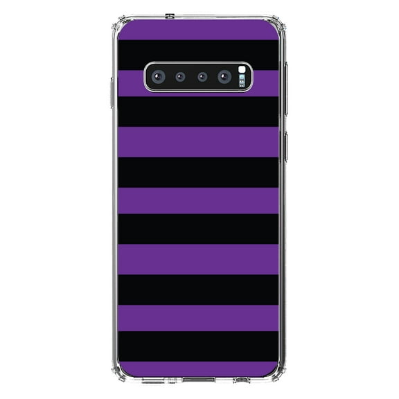 DistinctInk Clear Shockproof Hybrid Case for Samsung Galaxy S10 (6.1" Screen) - TPU Bumper, Acrylic Back, Tempered Glass Screen Protector - Black & Purple Bold Horizontal Stripes