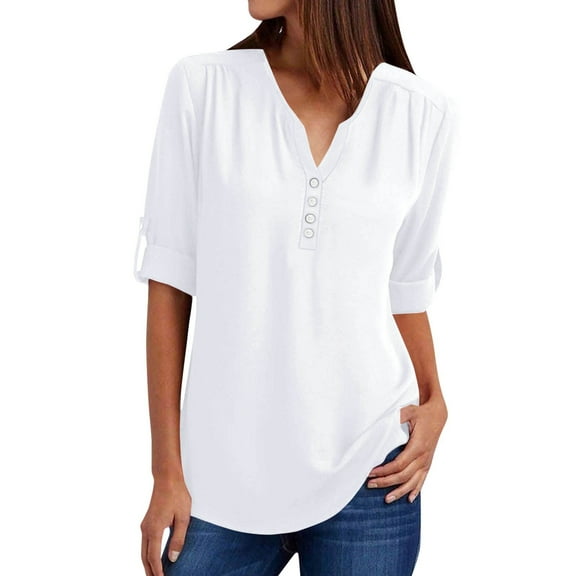 Women's Solid Color V Neck Long Sleeve Loose Fit Chiffon Blouse