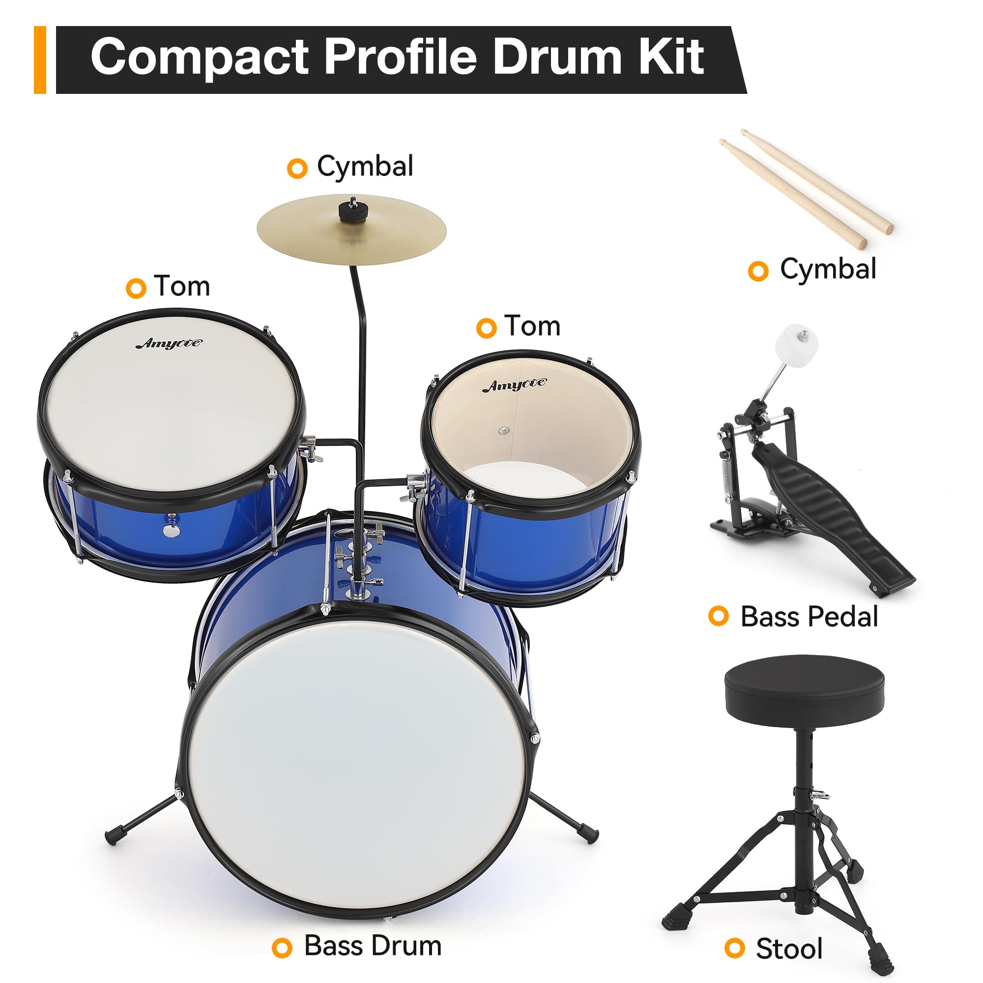 Senfot Drum Set, 1 Wood/Metal AD-100 Three Drums Set, Beginner Set Includes Bass, 2 Toms, Cymbal, Sticks, Bass Pedal and Stool, Percussion Musical Instrument Birthday Playsetl (Blue, 3-Piece)