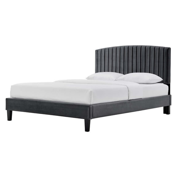 Platform Bed Frame, Queen Size, Charcoal Grey Gray, Velvet, Modern Contemporary, Bedroom Master Guest Suite Room
