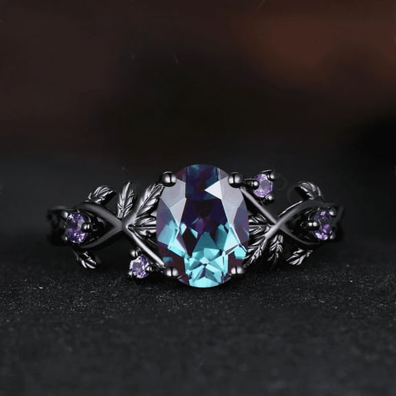 Oval Cut Alexandrite Ring in 14K Black Gold Vermeil- Leaf Inspired Amethyst Engagement Ring- Promise Ring for Woman