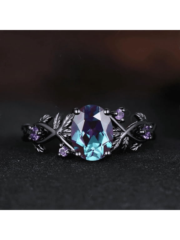 Oval Cut Alexandrite Ring in 14K Black Gold Vermeil- Leaf Inspired Amethyst Engagement Ring- Promise Ring for Woman