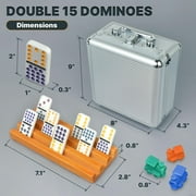 Queensell Mexican Train Dominoes Set Double 15 – 136 Tiles with Wooden Holders, Hub and Aluminum Case