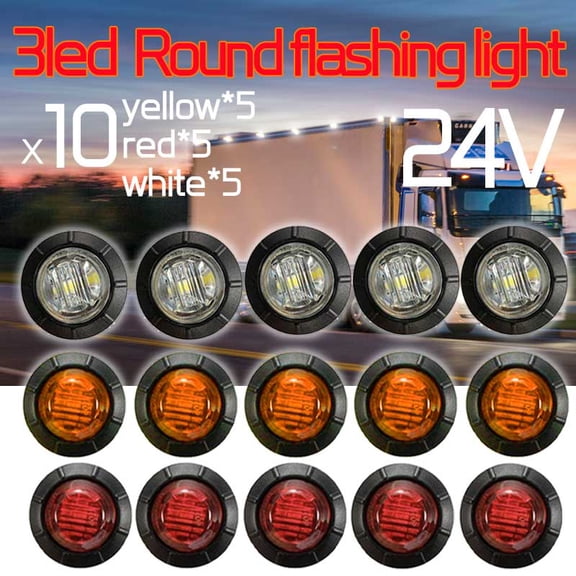 15-Pack 24V 3/4" Round LED Marker Lights – 5 Yellow 5 White 5 Red, IP68 Waterproof for Truck Trailer Bumper