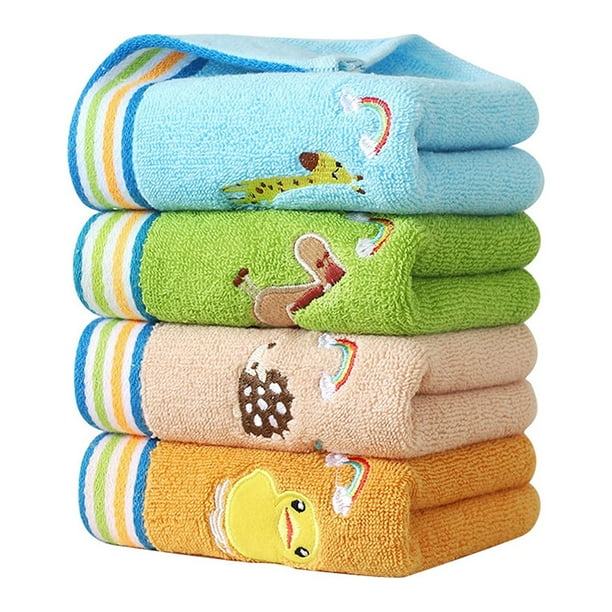 Juego de 4 toallas de baño suaves para niños, 4 colores, 100 % algodón, toallas faciales, toalla de baño para bebés y niños (25 x 50 cm, animales coloridos).