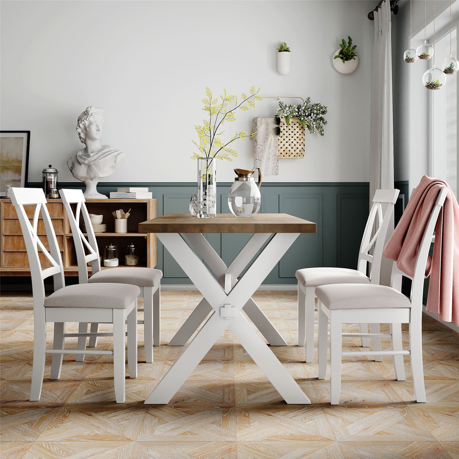 5 Pieces Farmhouse Rustic Wood Kitchen Dining Table Set With Upholstered 4 X Back Chairs White Beige 4 Options Available Walmart Com Walmart Com