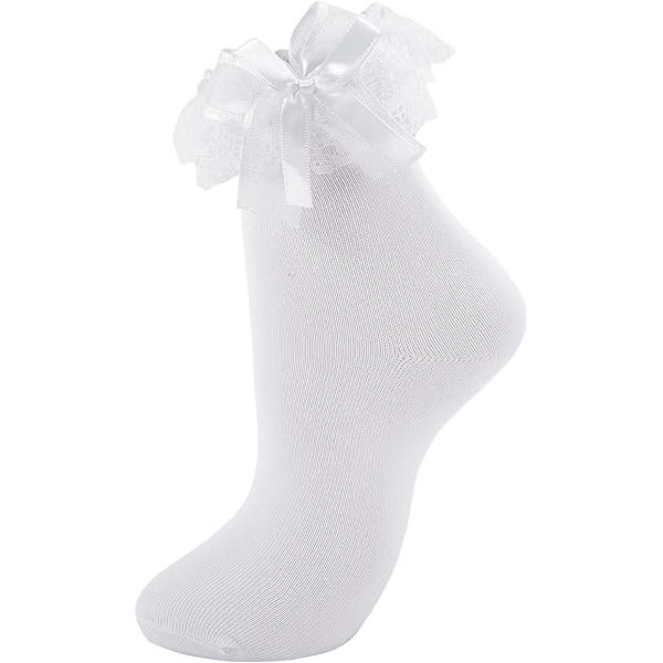 WAYANWomens Ruffle Socks with Bow Cute Frilly Lace Ankle Socks Adult Fancy Dress Sock Princess Lolita Bobby Sock Big Girls