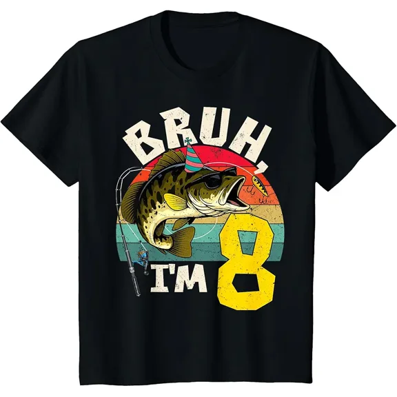 Bruh I'm 8 Years Old Fishing Birthday Theme Party T-Shirt