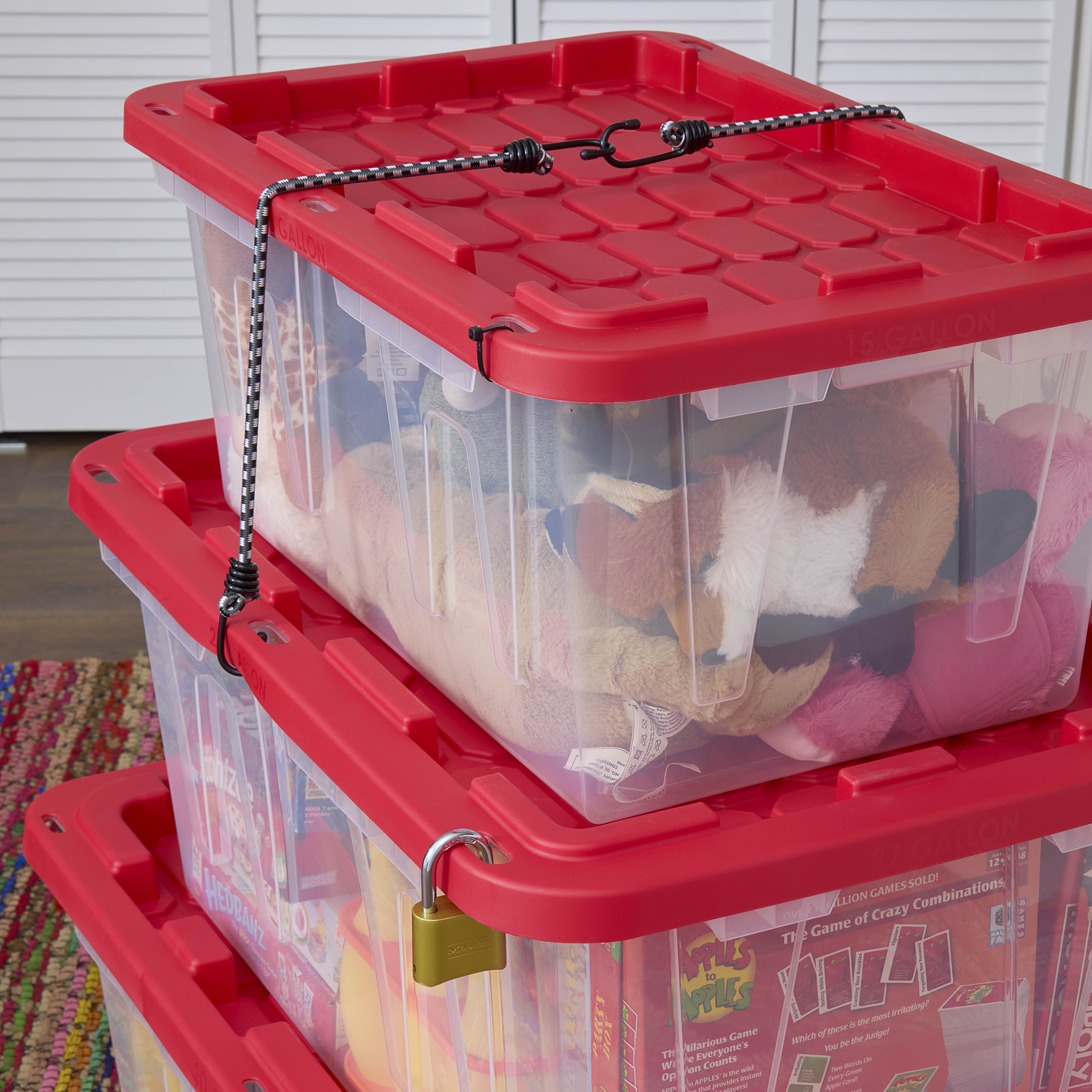 (Pack of 4) Hyper Tough 15 Gallon Clear Storage Bin with Red Snap Lid, Heavy Duty Plastic Storage Container