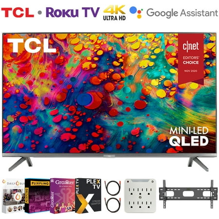 TCL 65R635 65 inch 6-Series 4K QLED Dolby Vision HDR Roku Smart TV Bundle with 37-100 Inch TV Wall Mount + 2x 6FT 4K HDMI 2.0 Cable + 6-Outlet Surge Adapter