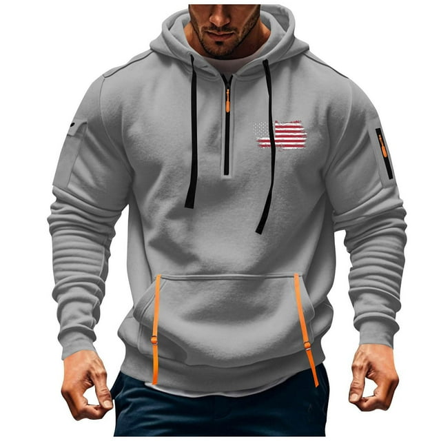 Sweat à Capuche pour Hommes, Sport Décontracté, avec Poche Imprimée et Demi-Fermeture Éclair