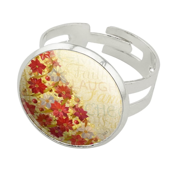 Christmas Holiday Tree Laughter Cheer Silver Plated Adjustable Novelty Ring