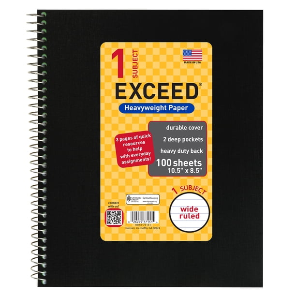 Exceed 1 Subject Black Writing Notebook, 10.5" x 8.5", Wide Ruled, 100