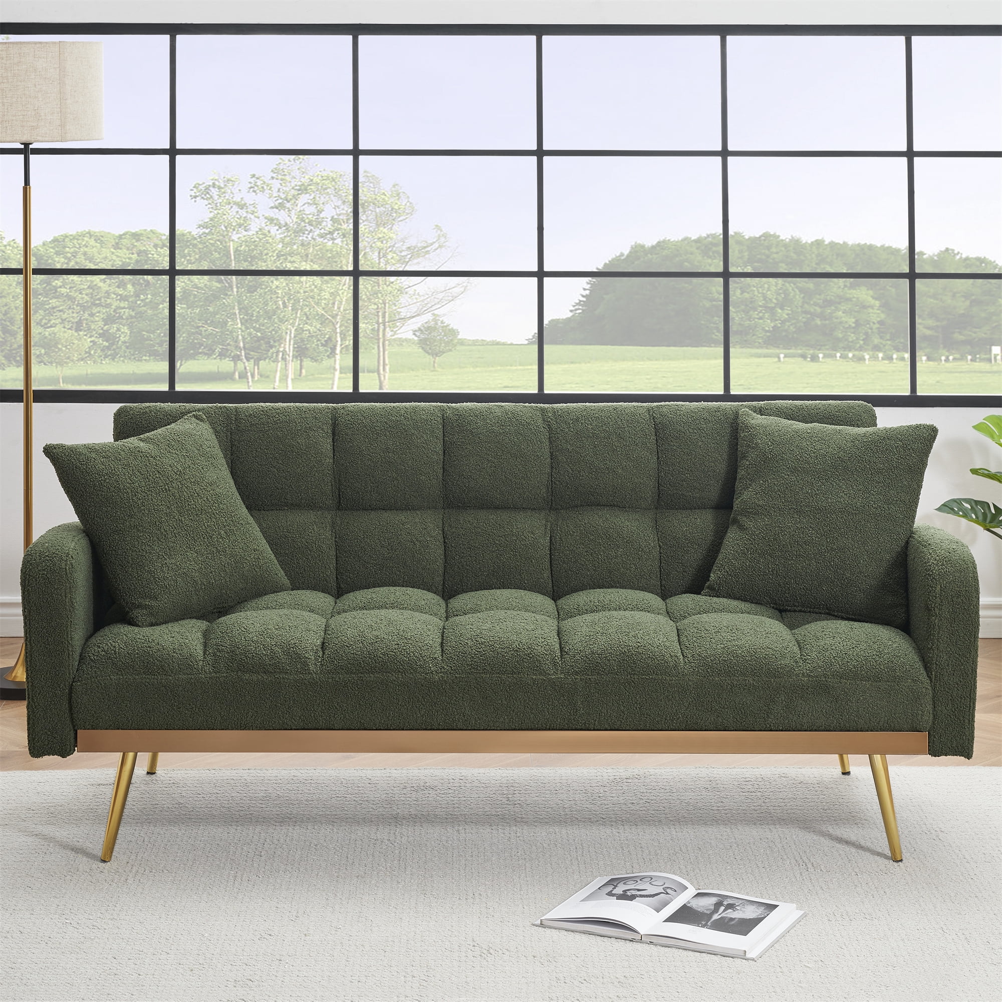 Aukfa Square Tufted Futon Convertible Sofa Bed for Home Office, 2 Pillows, Teddy Fleece, Green