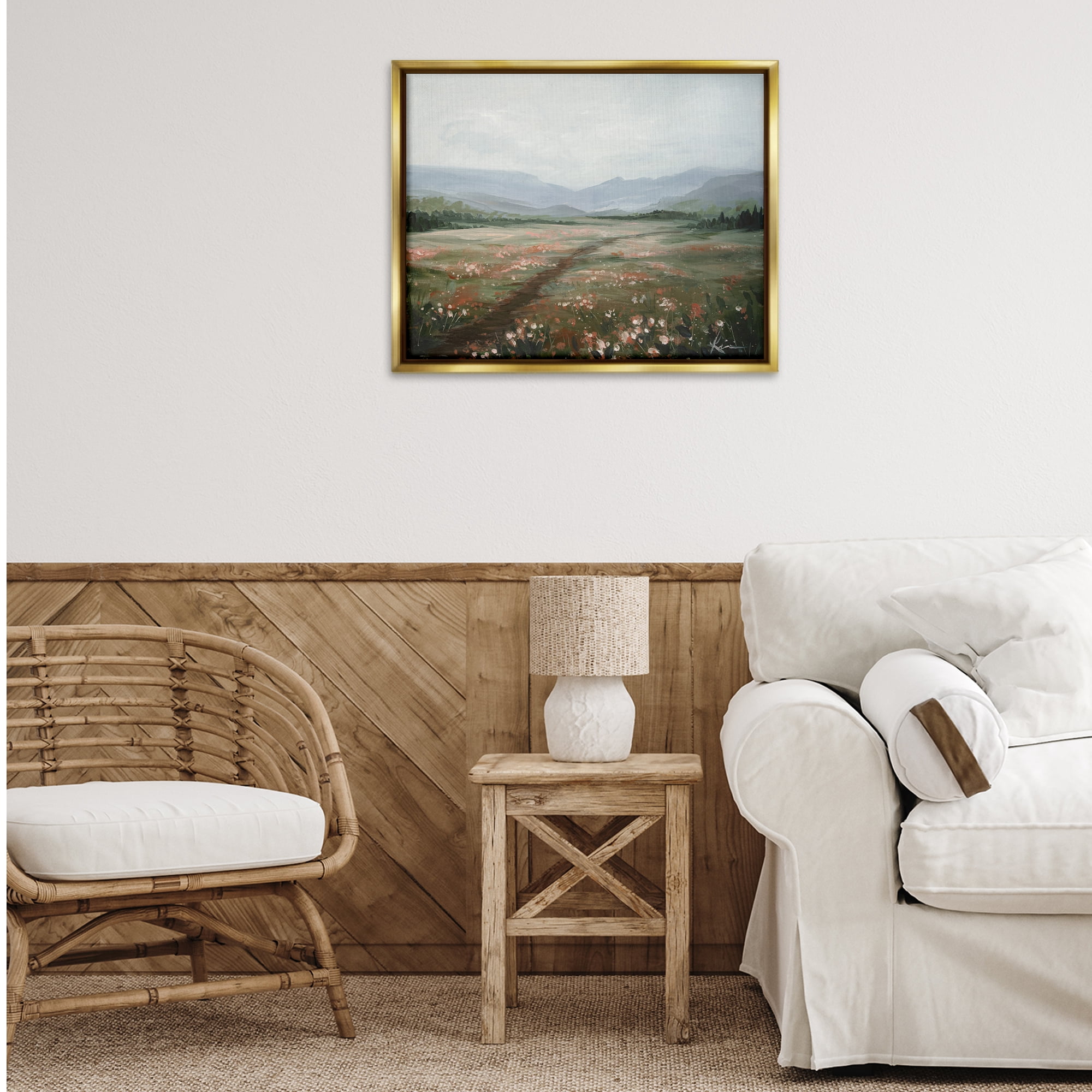 Stupell Industries Path Through Rolling Meadow Landscape & Nature Painting Gold Floater Framed Canvas Art Print Wall Art, 31 x 25