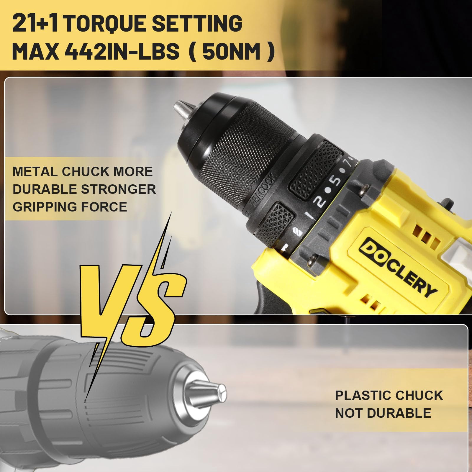 DOCLERY 20V Brushless Cordless Drill, Electric Power Drill Set with 1 Battery & Charger, 2 Variable Speed, 442.48 In-lb Torque, 21+1 Position and 34pcs Drill/Driver Bits