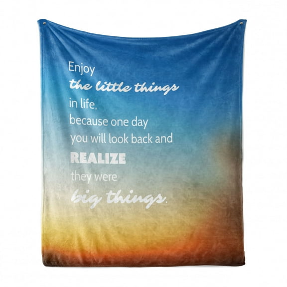 Enjoy the Little Things Soft Flannel Fleece Blanket, Inspirational Slogan on Future on Blurry Sunset Background, Cozy Plush for Indoor and Outdoor Use, 50" x 70", Orange Blue White, by Ambesonne