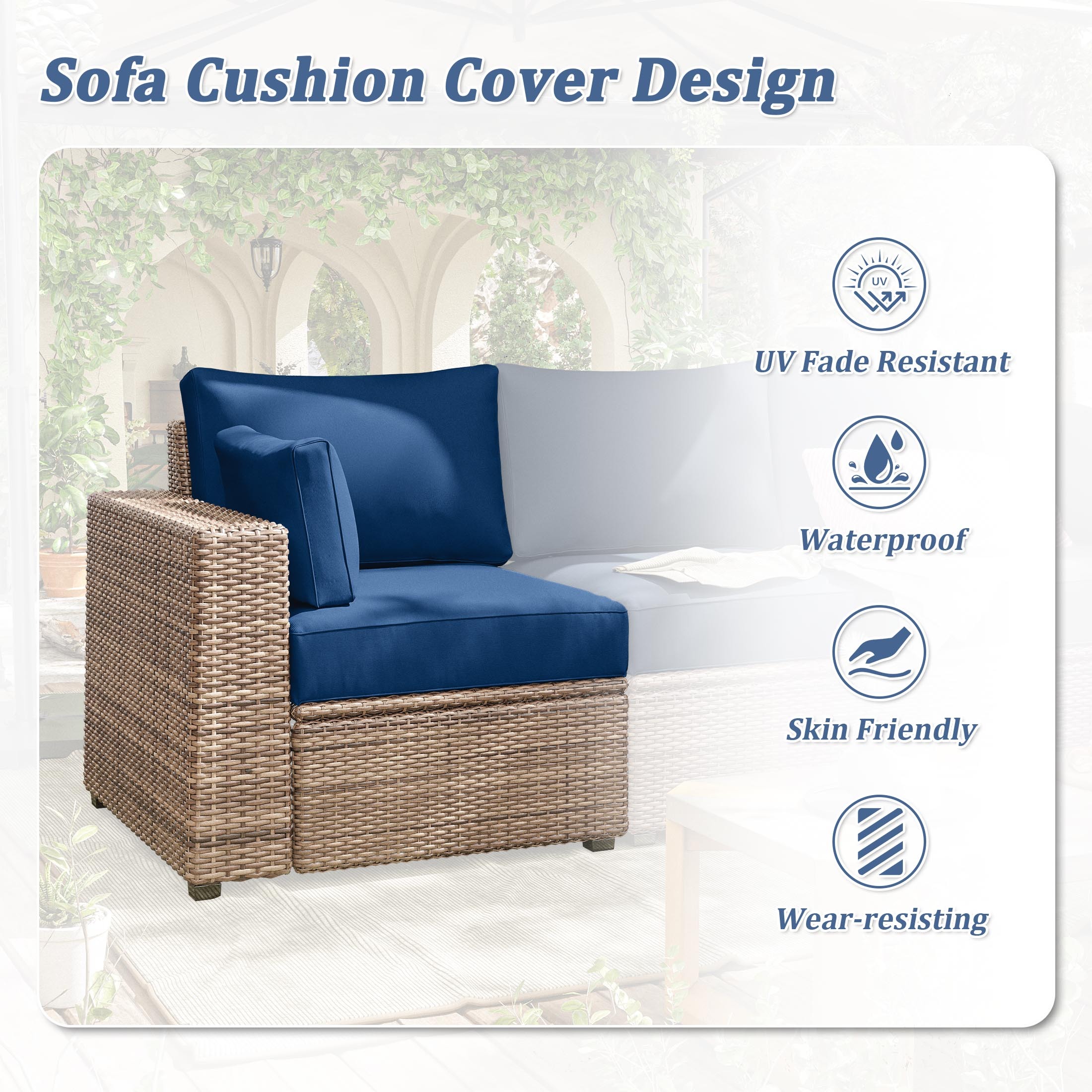 Pakunoda Outdoor Cushions Replacement, 8 Piece Sectional Cushion Fits 3-Seat, 4” Foam Deep Seat, for Patio Rattan Wicker Replacement Cushion, Liner&Cover, Blue