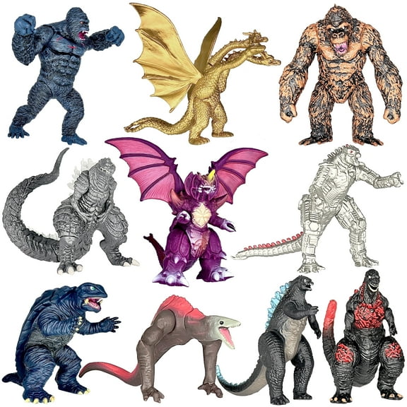 Exclusive Set of 10 Monster Dinosaur vs Kong Toys Movable Joint Action Figures, King of The Monster Dinosaur Shin Ultima Gamera Ghidorah Skull Crawler Destoroyah Mecha Cake Toppers Pack