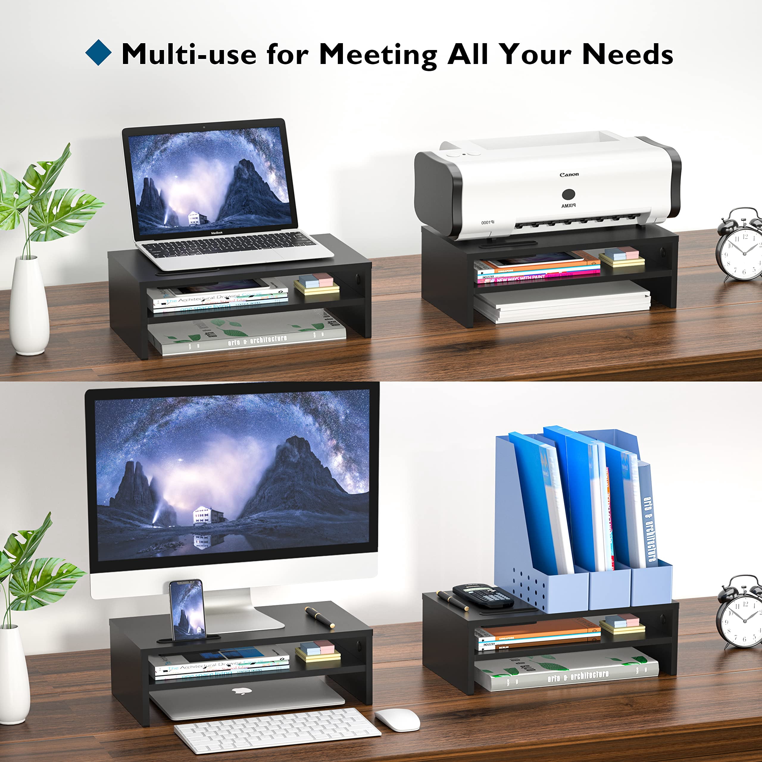 Wooden Monitor Stand Riser  2-tier Desk Shelf With Storage Organizer Computer Cable Management Cellphone Holder Black 16.5 Inch