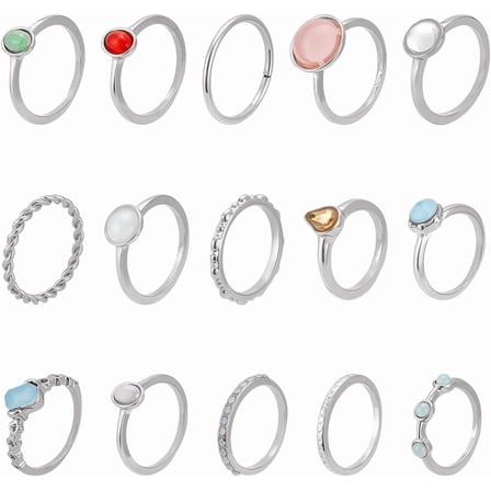 15Pcs 15 Styles Finger Rings Sets Star Moon Knuckle Ring Set Vintage Stackable Finger Rings Bulk Irregular Gemstone Ring Set for Women Silver