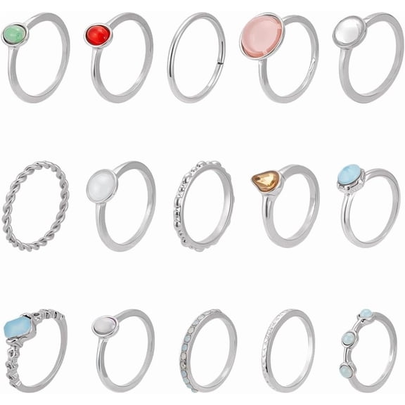 15Pcs 15 Styles Finger Rings Sets Star Moon Knuckle Ring Set Vintage Stackable Finger Rings Bulk Irregular Gemstone Ring Set for Women Silver