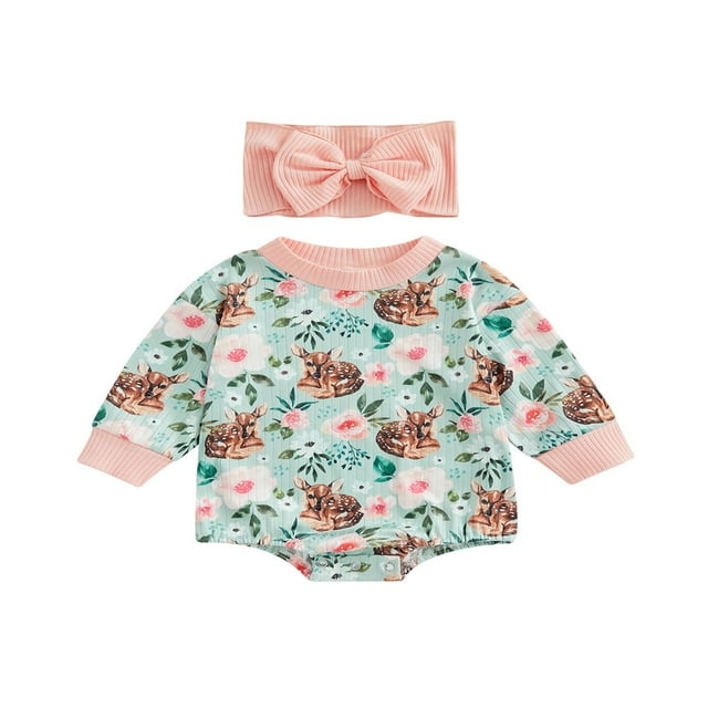 CNKOO Ensemble de Combinaisons pour Bébés Filles Imprimé Animal Manches Longues Col et Bandeau