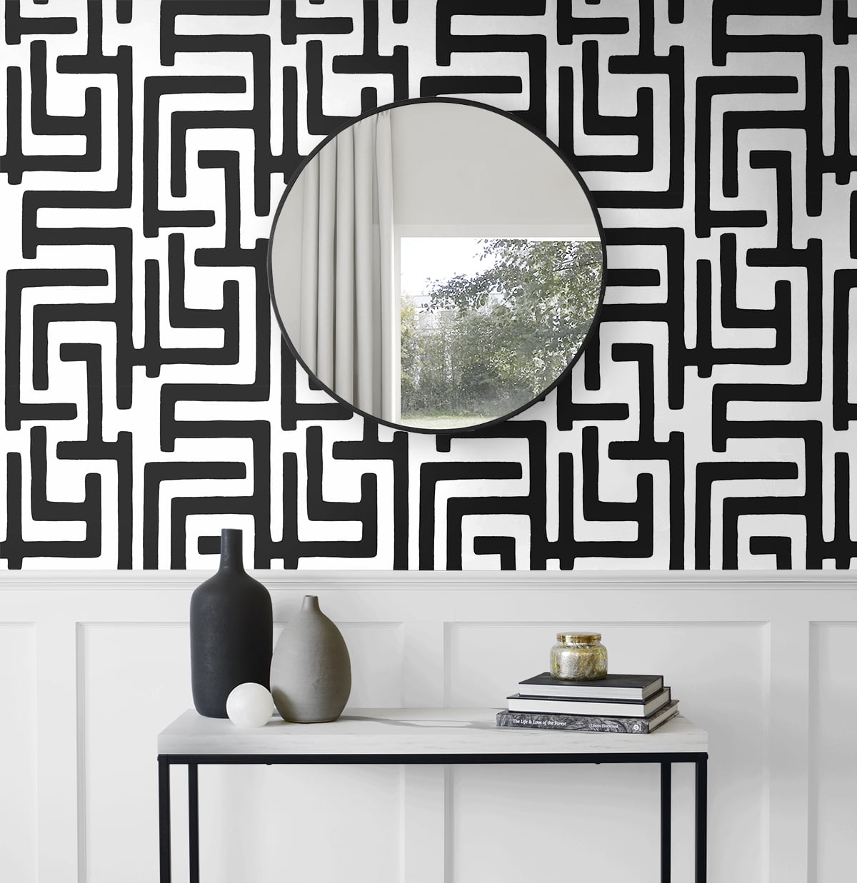 NextWall Black Graphic Maze Peel and Stick Wallpaper
