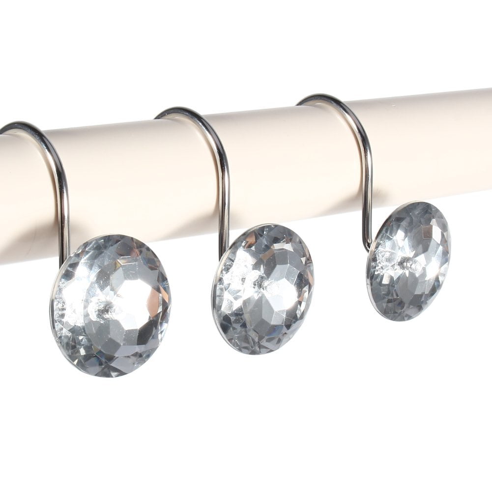Decorative Shower Curtain Hooks, 12 x Bathroom Shower Curtain Hooks Slide Rolling Crystal Rhinestone Zinc Bling Alloy Silver Decoration