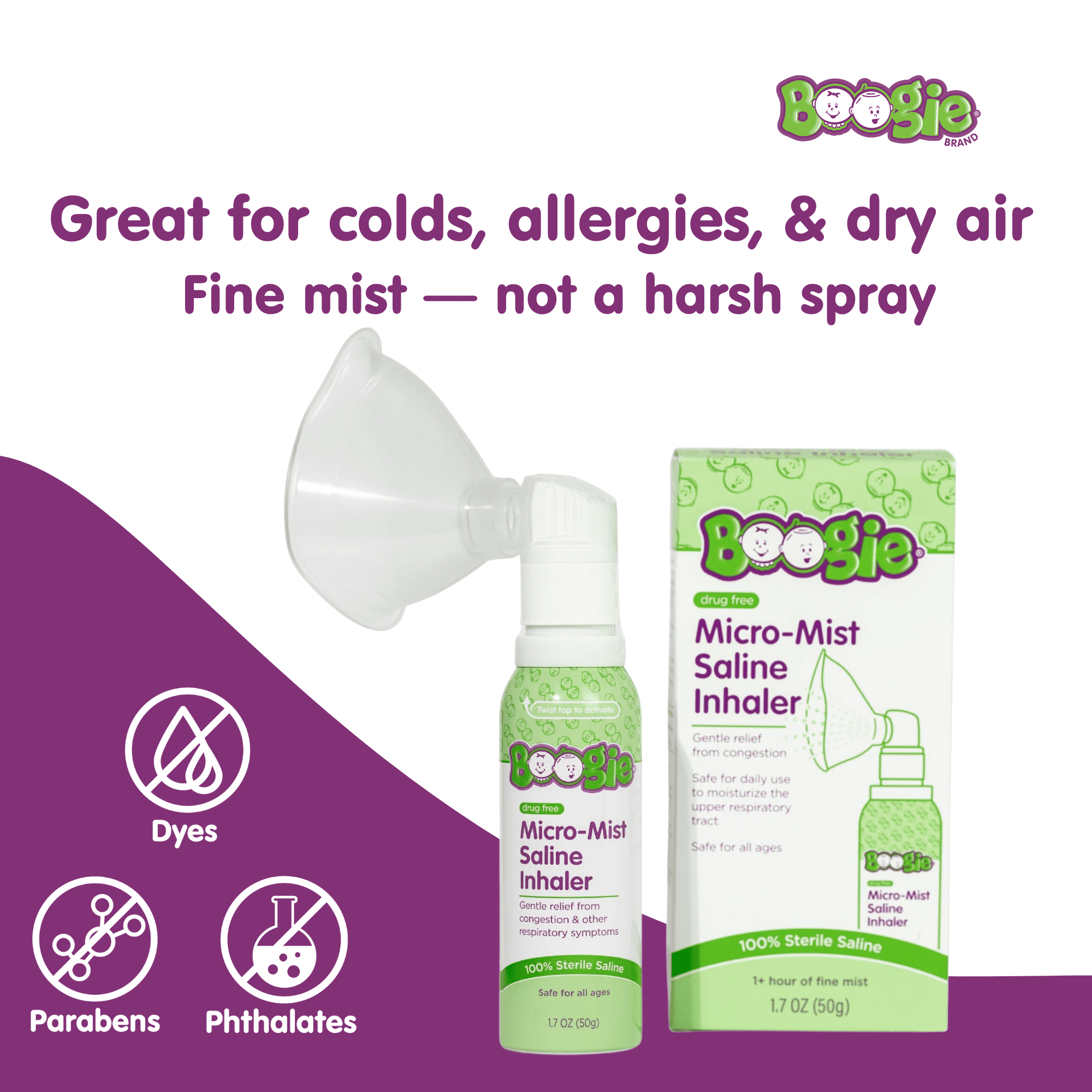 (2 pack) Boogie Sterile Drug-Free Micro-Mist Saline Inhaler for All Ages