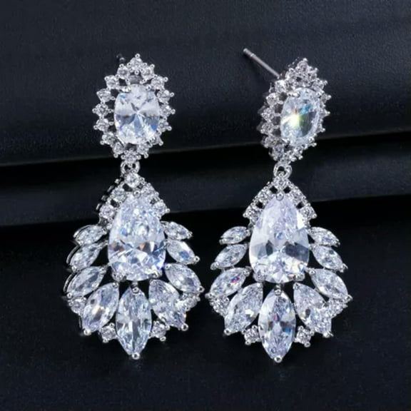 Stunning CZ Leaf Water Drop Earrings Necklace Set Ladies Dancing Party Jewelry