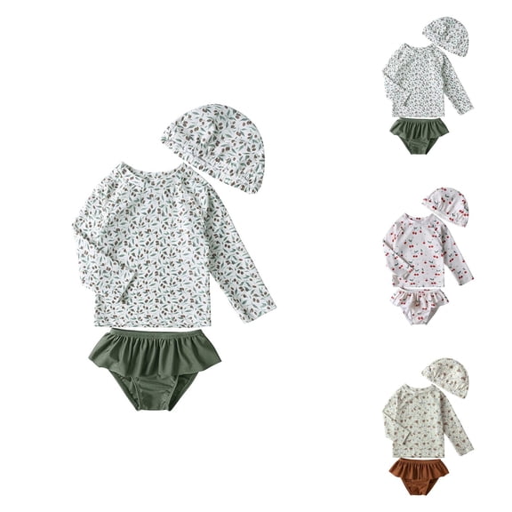Girls Swimsuit 3 Piece Rash Guard Kids Girls Floral Swimming Suit with Swim Trunk and Cap Sun Protection Bathing Suit for Toddler Girls
