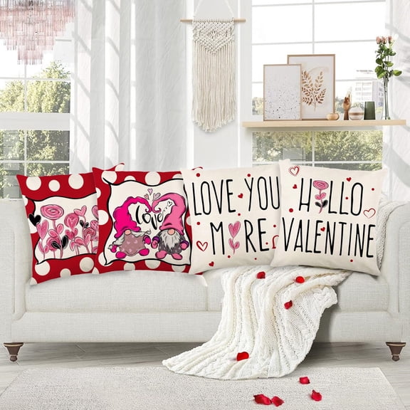 Wadada Valentines Day Decor-Throw Pillow Covers 18x18 in Set of 4,Valentine Linen Pillow Case with Red Heart Love You More for Large Couch Sofa Home Indoor Outdoor Holiday Decorations