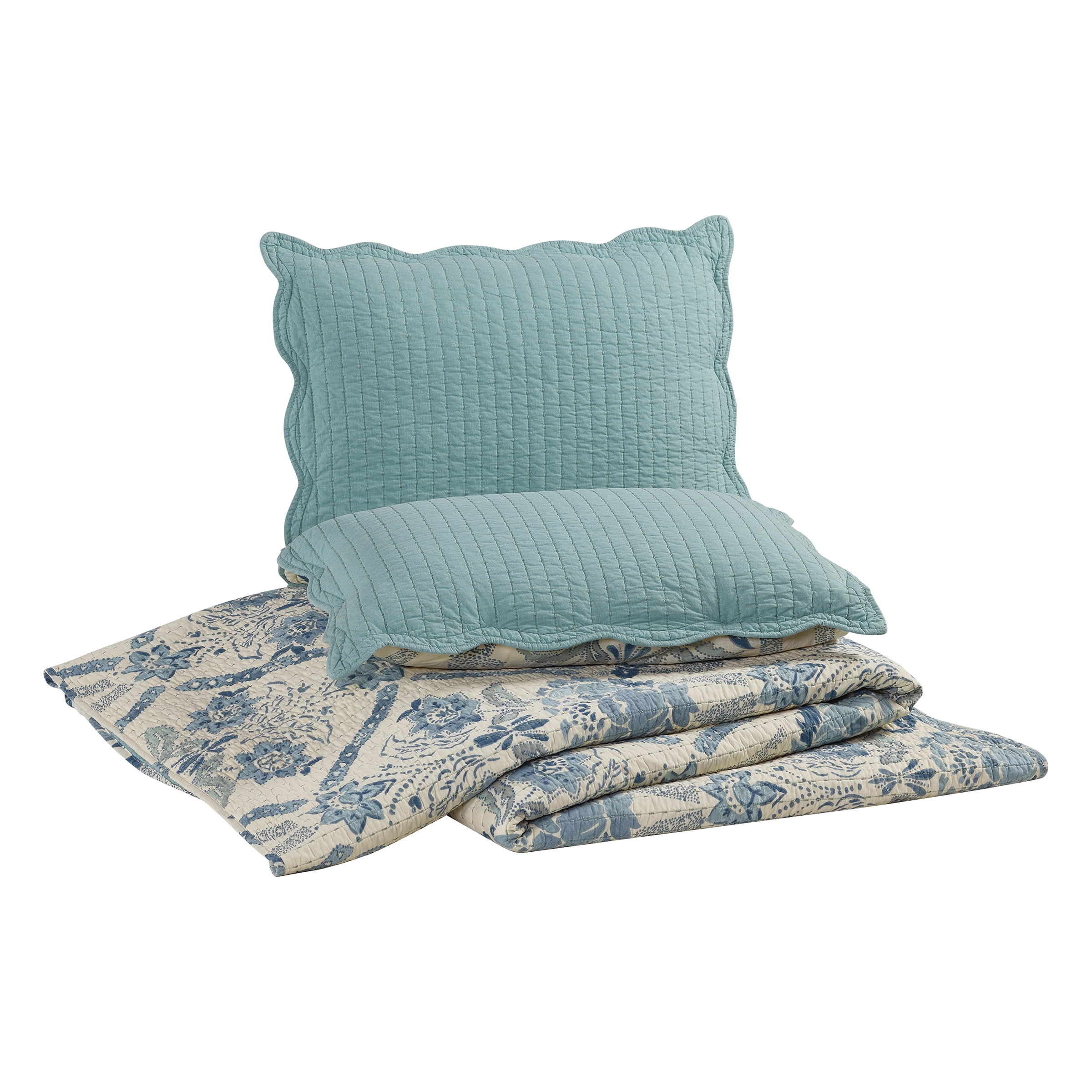 Spartina 449 Mystic Moss 3-Piece Cotton Damask Quilt Set, Full/Queen