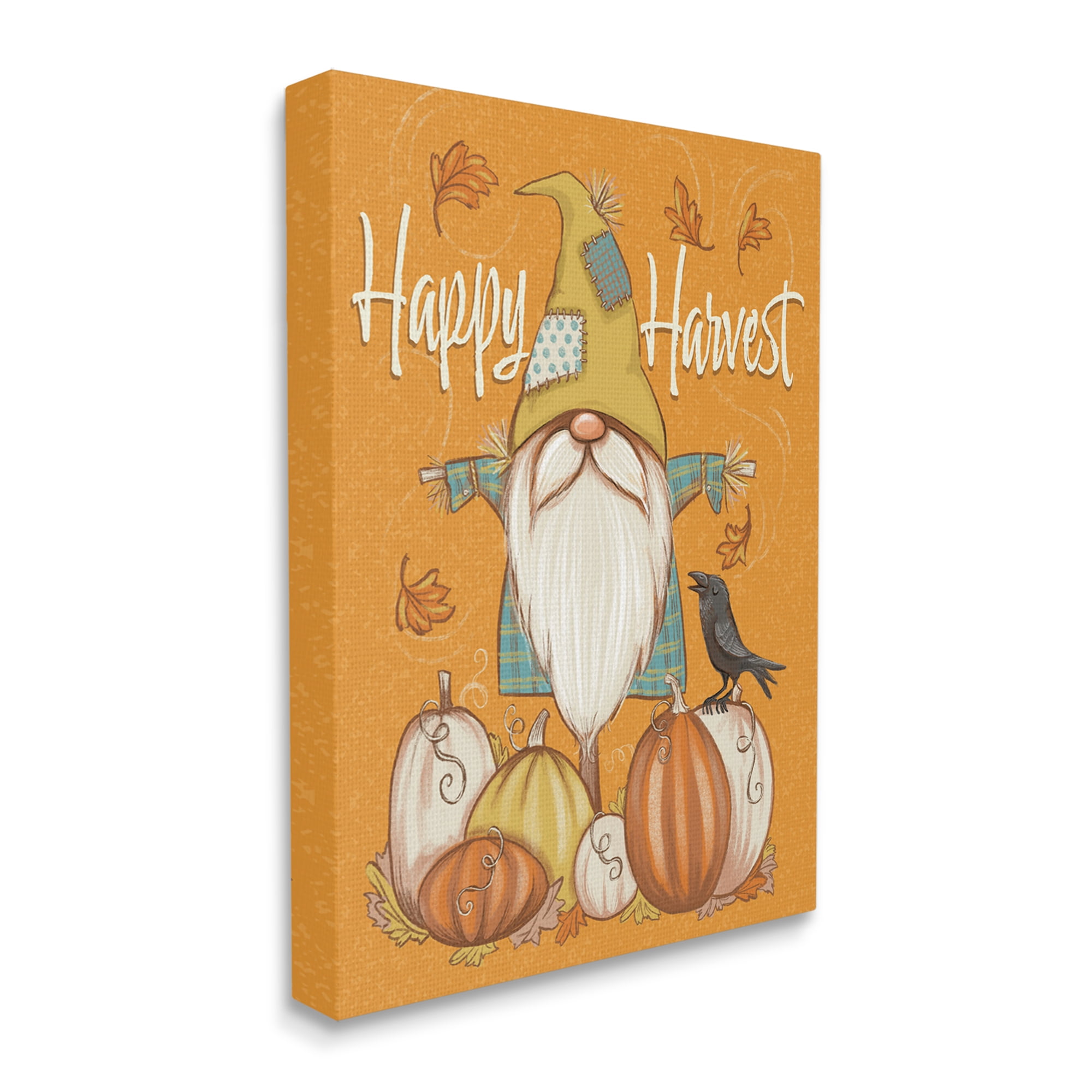 Happy Harvest Scarecrow Gnome Seasonal Pumpkins Crow Botanical & Floral Graphic Art Gallery-Wrapped Canvas Print Wall Art