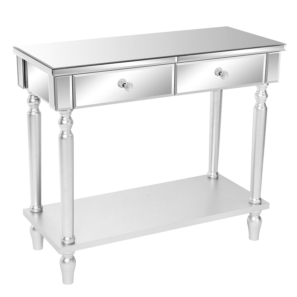 Tcbosik Modern Home Office Computer Desk Console Table with 2 Drawers, 1 Open Shelf, Silver