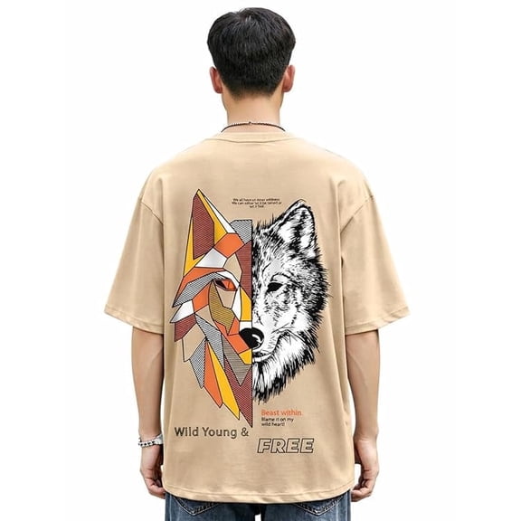 omsairam19 Men's Large Brown Cotton Graphic Printed Oversized T-Shirt
