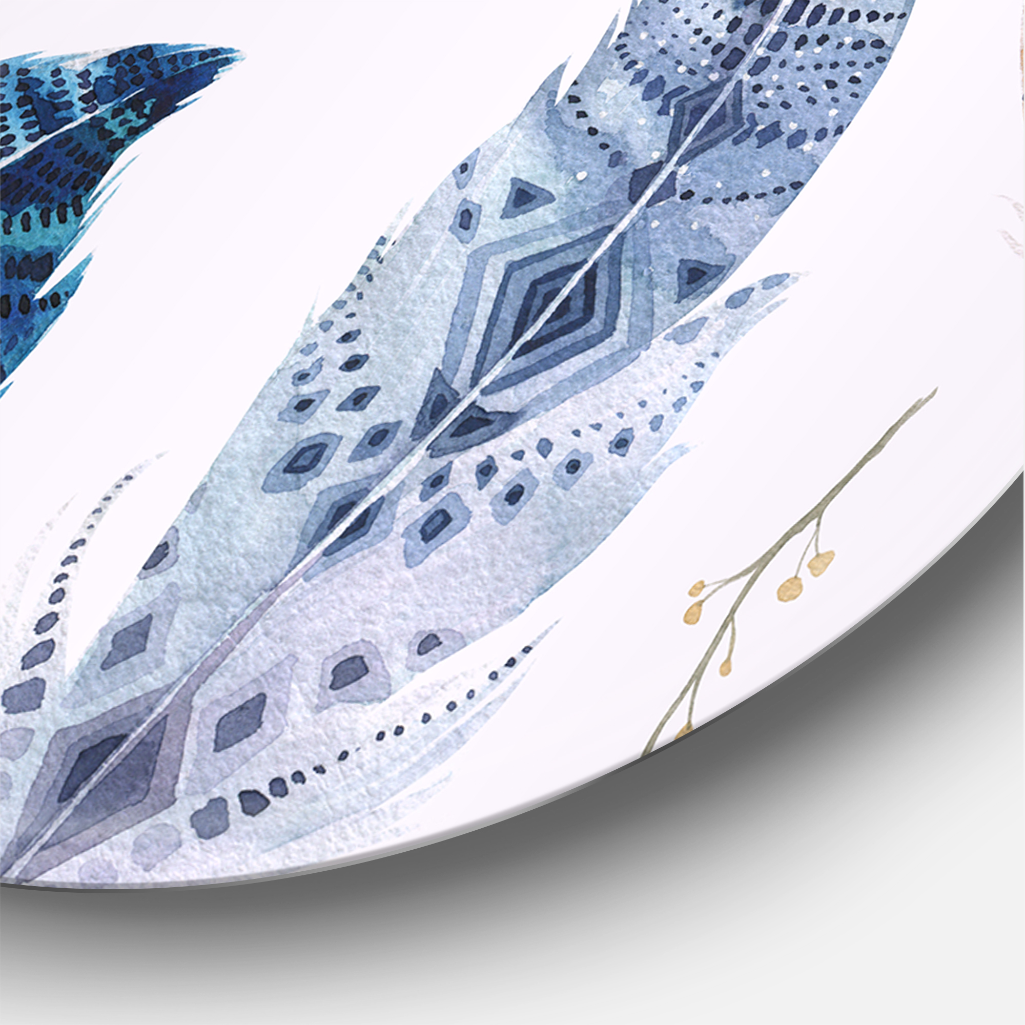 Designart 'Elegant Blue Boho Art Feathers' Bohemian & Eclectic Circle Metal Wall Art 23x23 - Disc of 23