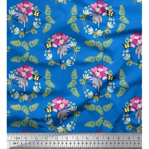 Soimoi Poly Georgette Fabric Wreath,Balloon & Girl Women Printed Craft Fabric by The Yard 42 Inch Wide