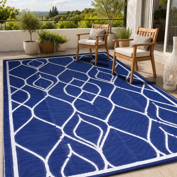 TENSAKEE Outdoor Rug 9x12 Ft, Plastic Straw Patio Rug, Indoor Outdoor Carpet for Deck RV, Navy Blue and White