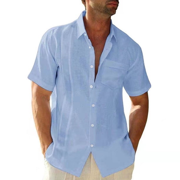 Sonducket Camisa de hombre Casual manga corta transpirable botón abajo Color sólido moda viajes citas camisas ropa Camisetas Azul claro 2XL