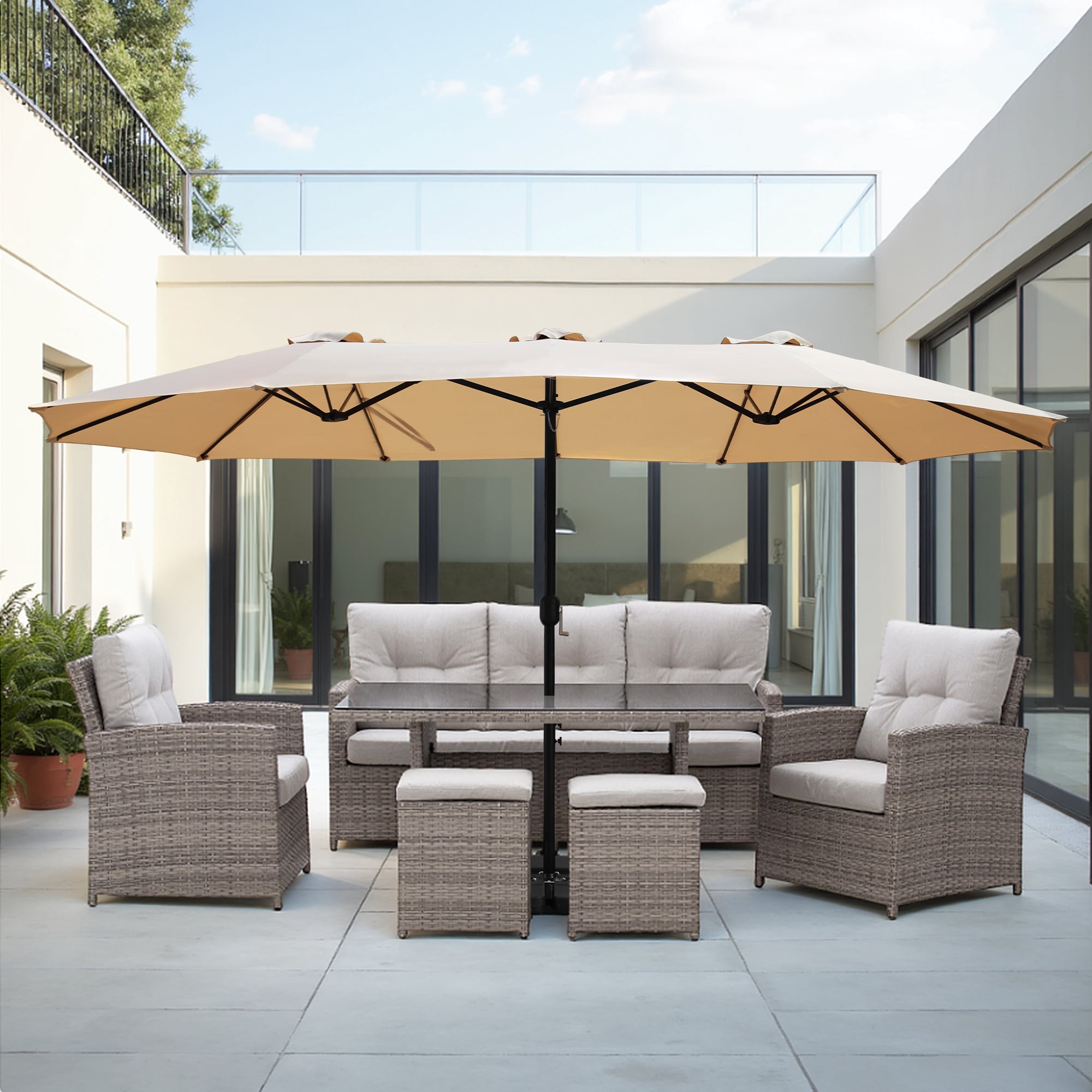 Abble 15x9 ft Large Double Sided Rectangular Patio Market Umbrella with Crank Lift - Heavy Duty Steel Sun Shade in Tan