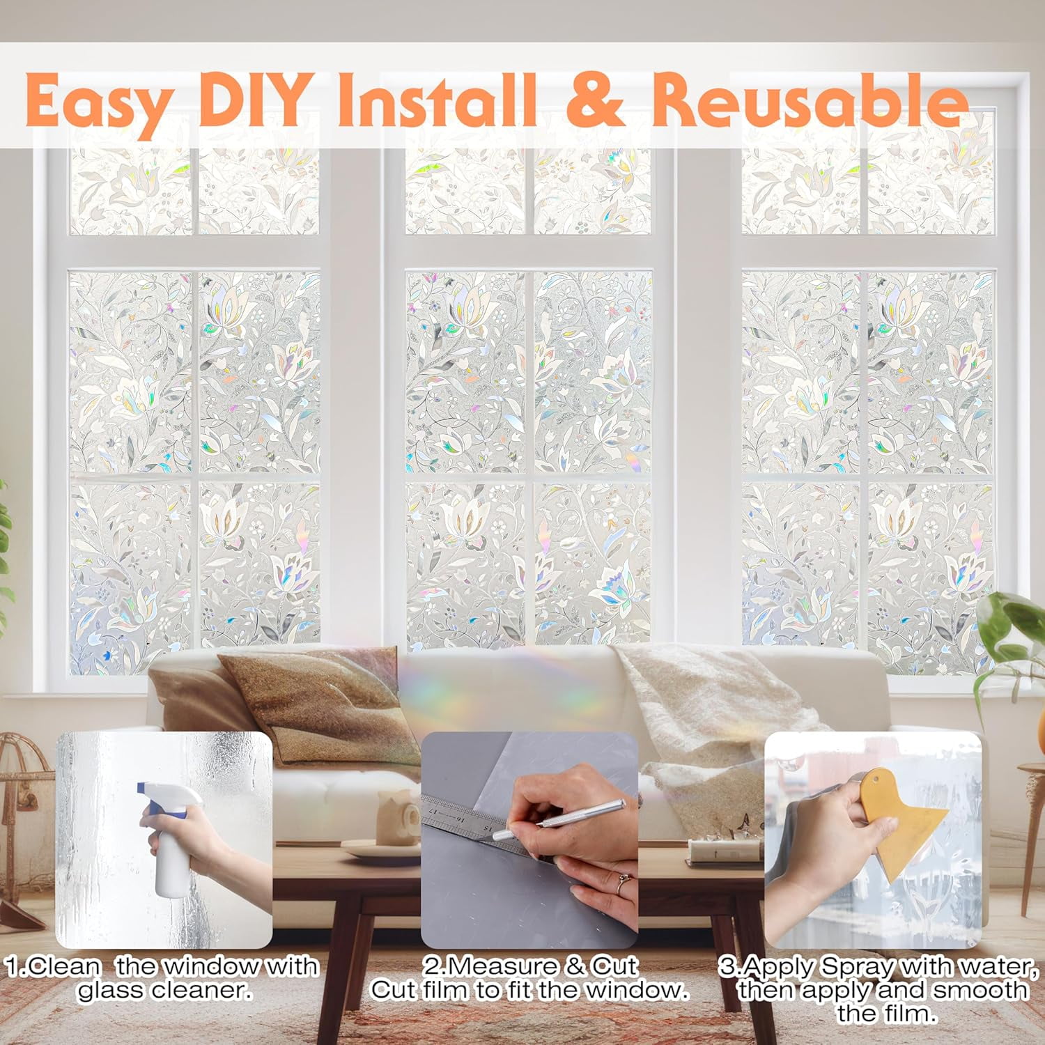 BSHAPPLUS® 17.7" x 78.7" Privacy Window Film,Tulip Rainbow Window Clings,Stained Glass Window Film,Non-Adhesive Window Tin,Anti UV Window Sticker for Home Kitchen Bathroom Office