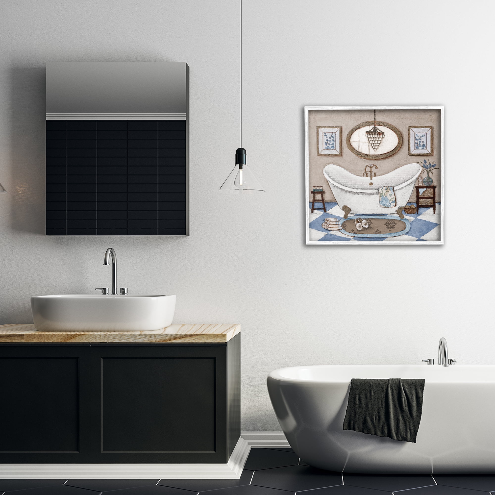 Stupell Industries Checkered Relaxing Bathtub White Framed Giclee Art, design by Janet Tava