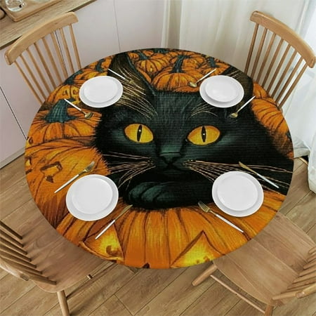 

FUMJ Cute Cat Round Table Cover Waterproof 100% Polyester Fiber Halloween Theme 42 -46