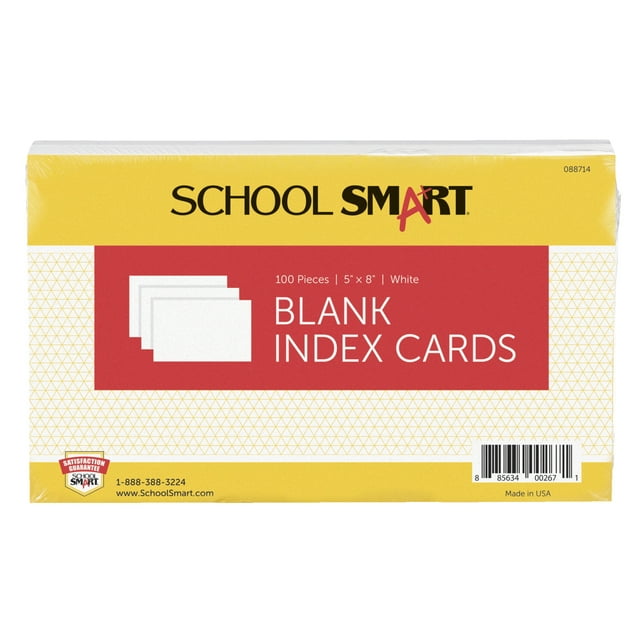 Carte d'Index Simple 90# School Smart Vierge, 5 x 8 Pouces, Blanche, Lot de 100