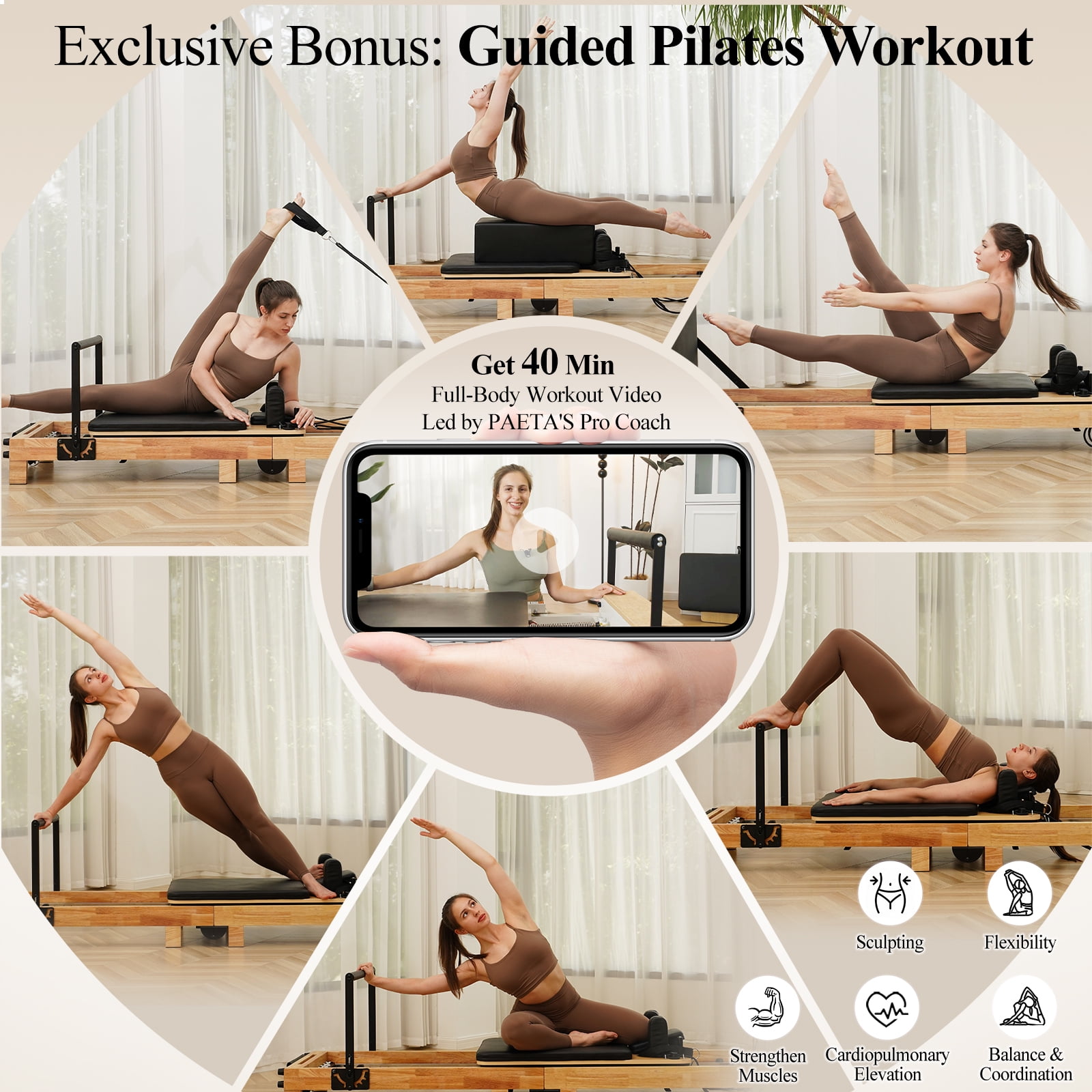 Syedee Pilates Reformer Machine, Wood Pilates Machine Bed Yoga Exercise Strength Training Equipment for Home Workout