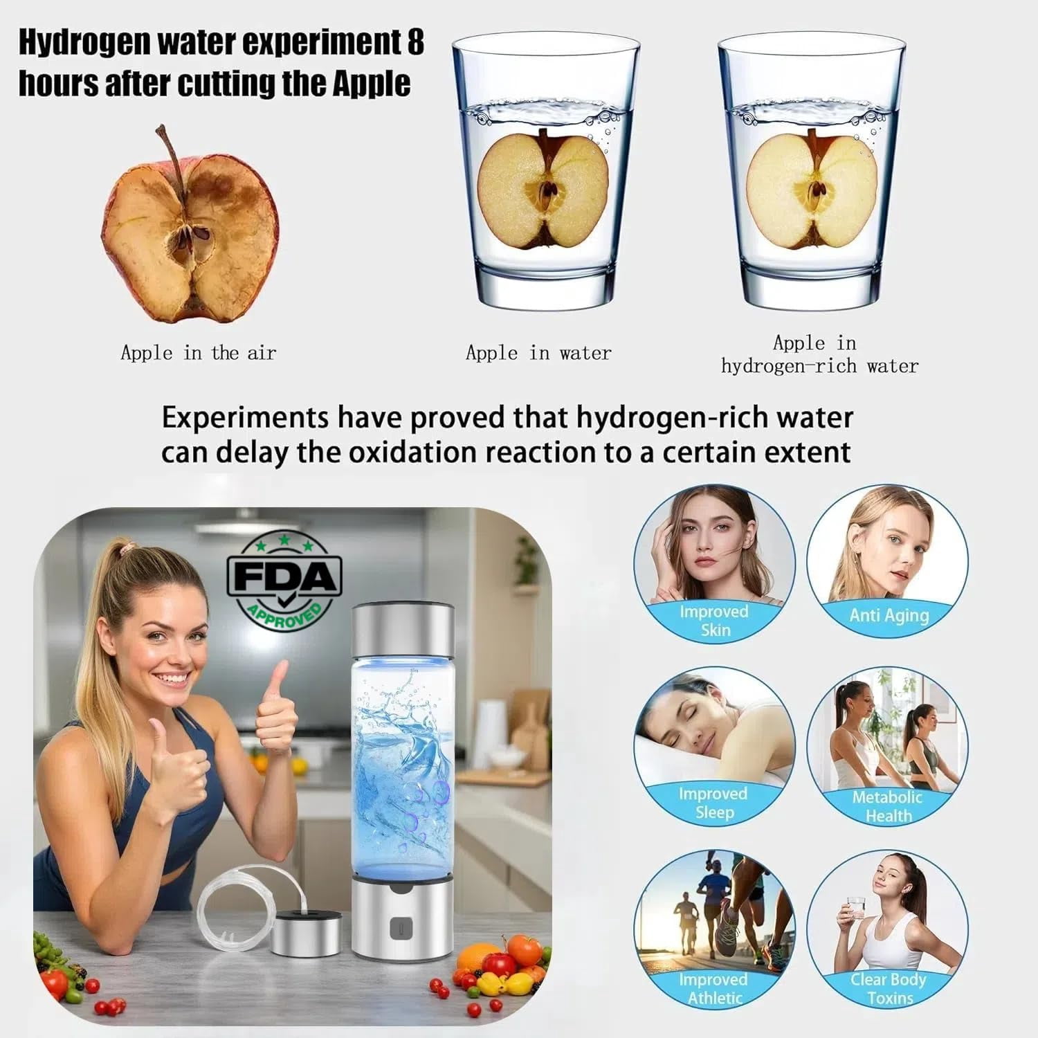 LC-dolida Hydrogen Water Bottle, 460ml Portable SPE/PEM Tech Hydrogen Water Machine with LED Light, 1800PPB Hydrogen Concentration for Home Office Gym Travel (Silver)