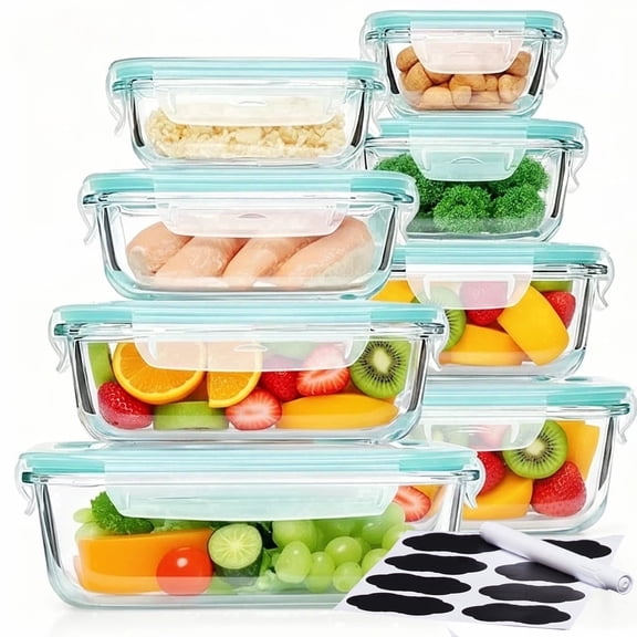 8 Pack Glass Food Storage Containers, Meal Prep, Airtight Bento Boxes with Leak Proof Locking Lids, for Microwave, Lunch Boxes, Oven, Freezer And Dishwasher, BPA Free with free labels&marker pen